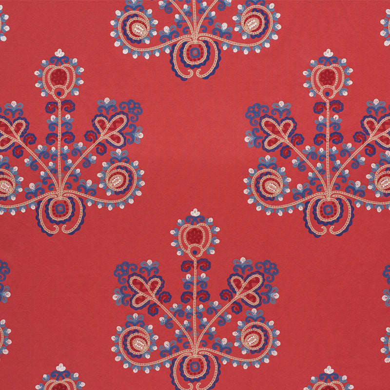 Estrella Embroidery fabric in vermilion color - pattern number 74451 - by Schumacher in the Primitive Beauty collection