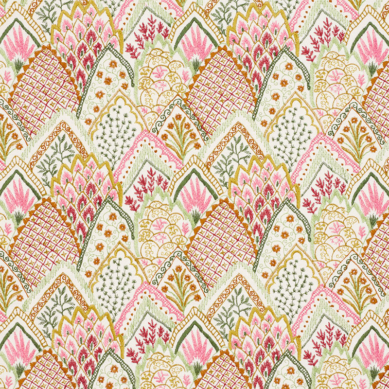 Albizia Embroidery fabric in pink and leaf color - pattern number 76312 - by Schumacher in the Palampore collection