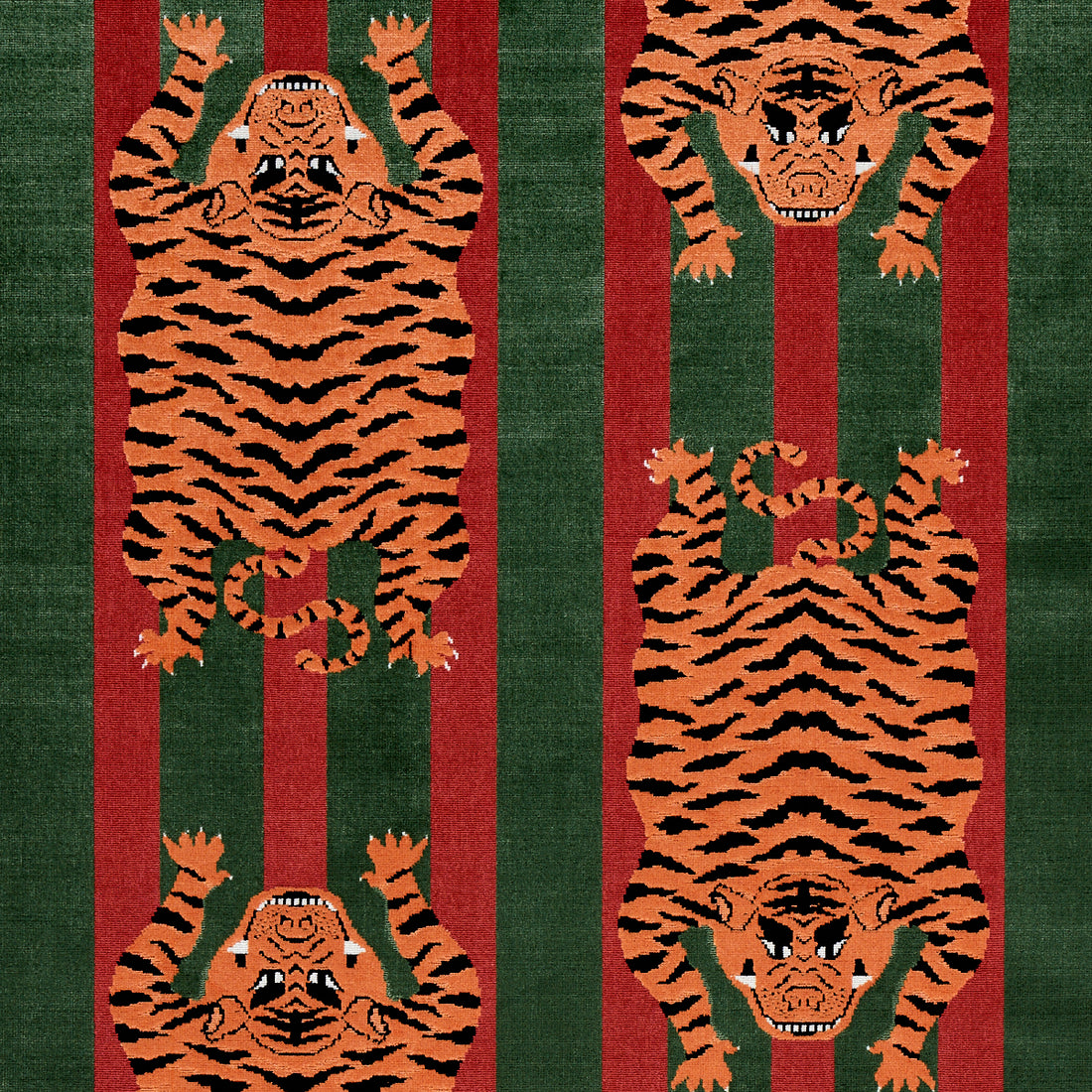 Jokhang Tiger Velvet fabric in red and green color - pattern number 77235 - by Schumacher in the Velvet &amp; Velvet Trims collection