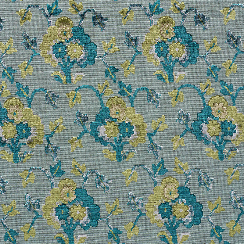 Jennie Velvet fabric in peacock and celadon color - pattern number 77742 - by Schumacher in the Cut &amp; Patterned Velvets collection