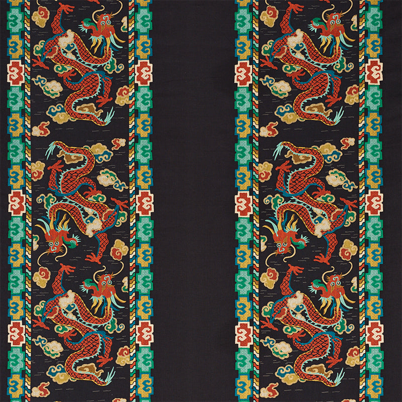 Lotan Dragon Embroidery fabric in black color - pattern number 78090 - by Schumacher in the Fire Breather collection