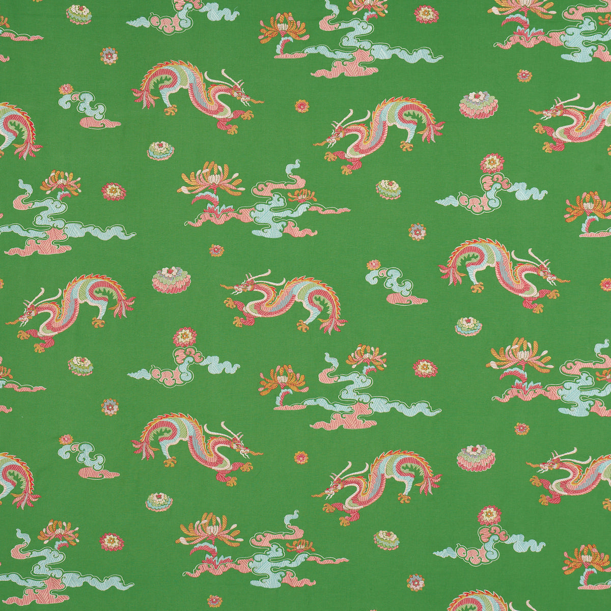 Hanlun Dragon Embroidery fabric in green color - pattern number 78112 - by Schumacher in the Fire Breather collection