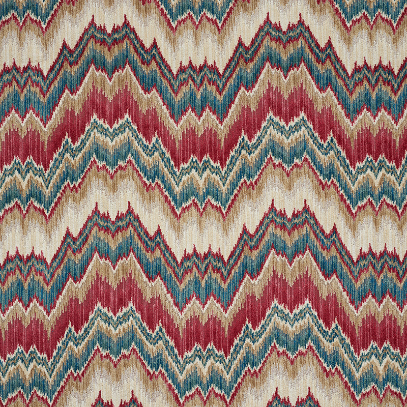 Bezique Flamestitch Velvet fabric in red and peacock color - pattern number 78790 - by Schumacher in the Cut &amp; Patterned Velvets collection