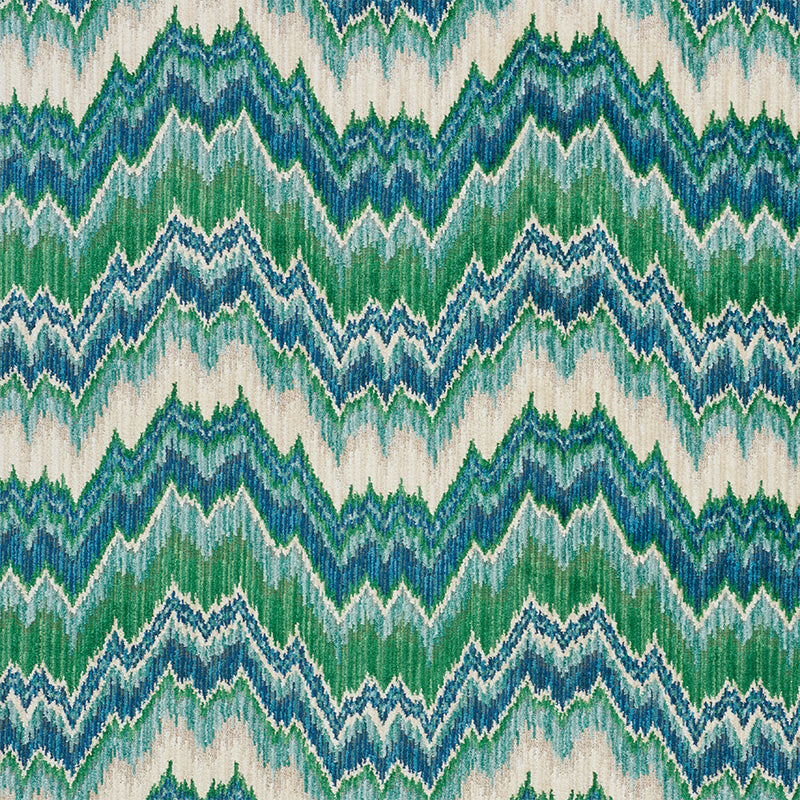 Bezique Flamestitch Velvet fabric in blue and green color - pattern number 78791 - by Schumacher in the Cut &amp; Patterned Velvets collection