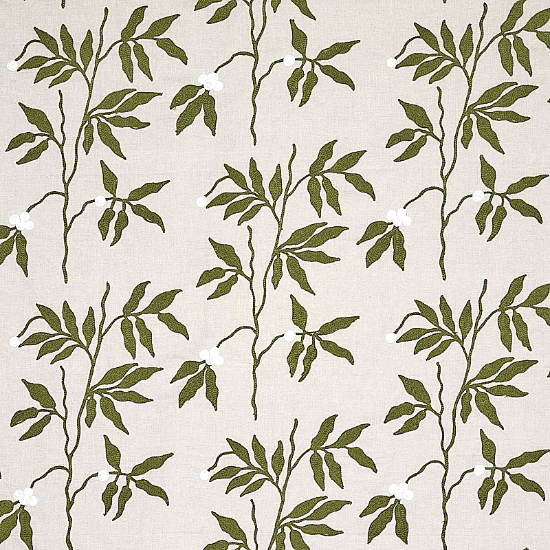 Lilla Embroidery fabric in olive on neutral color - pattern number 80430 - by Schumacher in the New Traditional collection