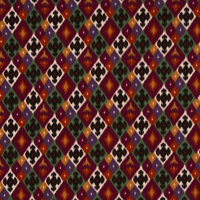 Sasha Diamond Ikat fabric in jade and plum color - pattern number 80662 - by Schumacher in the Cabana collection