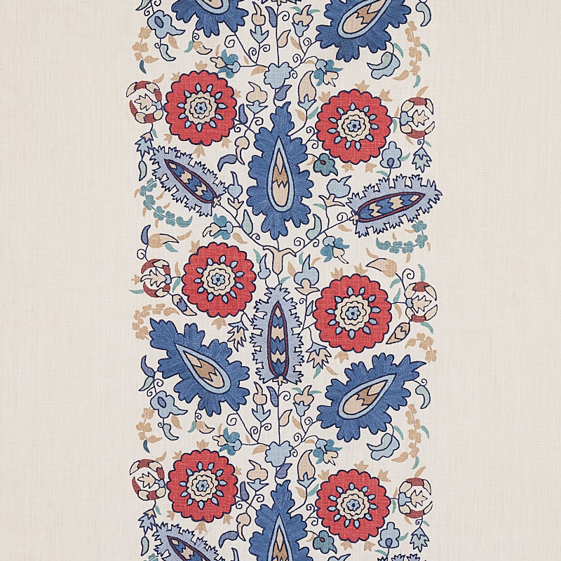 Anatolia Embroidery fabric in blue and red color - pattern number 80750 - by Schumacher in the Cabana collection