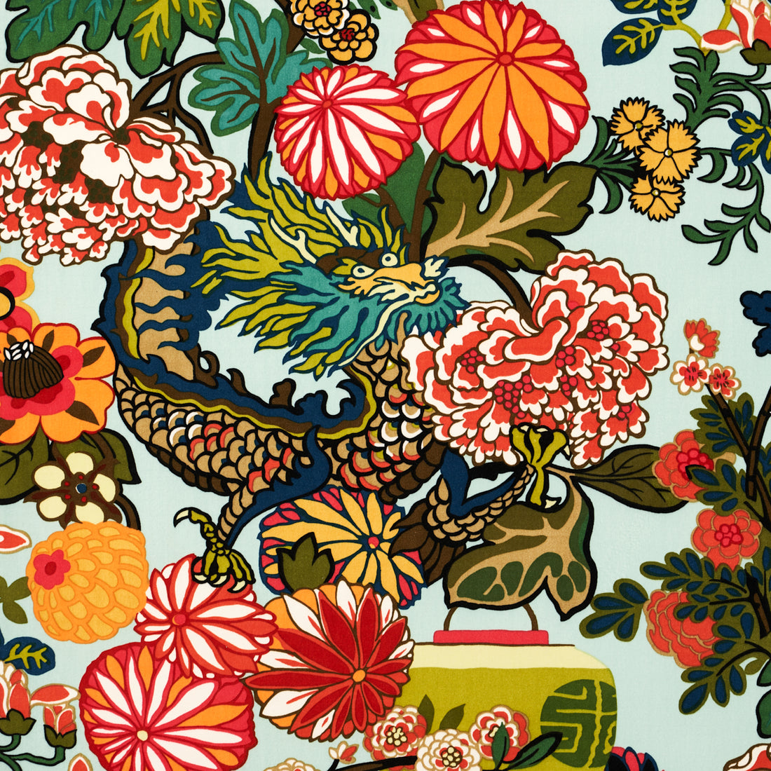 Chiang Mai Dragon Velvet fabric in aquamarine color - pattern number 81170 - by Schumacher in the Velvet &amp; Velvet Trims collection