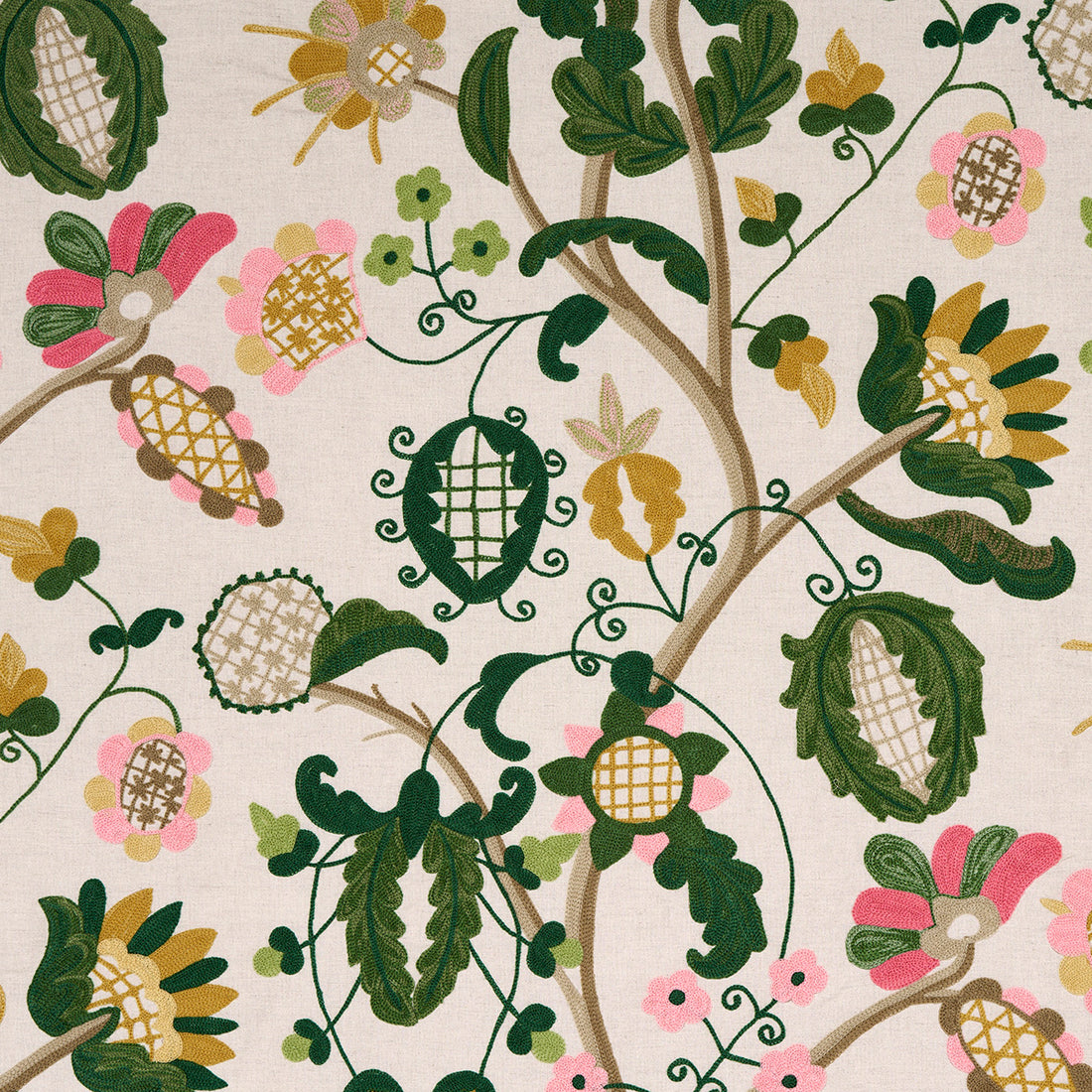 Mandevilla Embroidery fabric in pink and green color - pattern number 81511 - by Schumacher in the Uncommon Threads collection