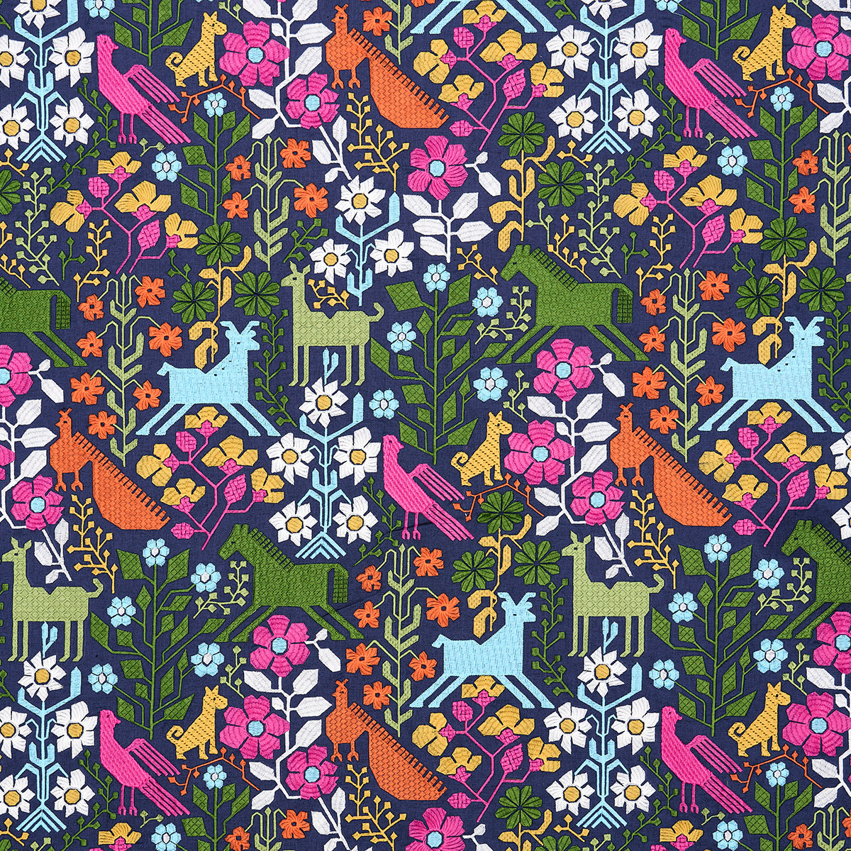 Lupita Embroidery fabric in multi on navy color - pattern number 81520 - by Schumacher in the Uncommon Threads collection