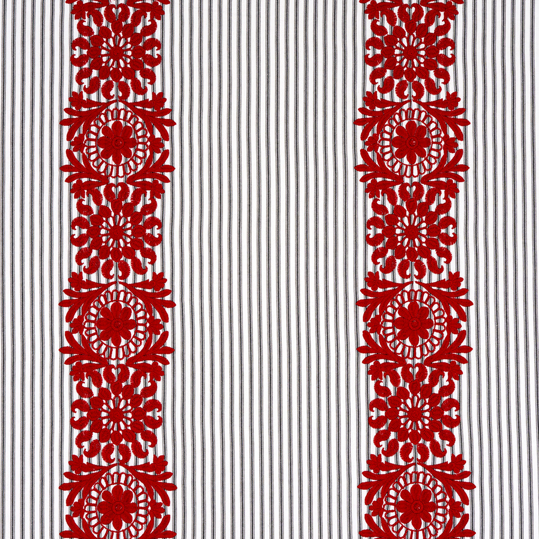 Joelle Stripe fabric in red on black color - pattern number 81542 - by Schumacher in the Uncommon Threads collection