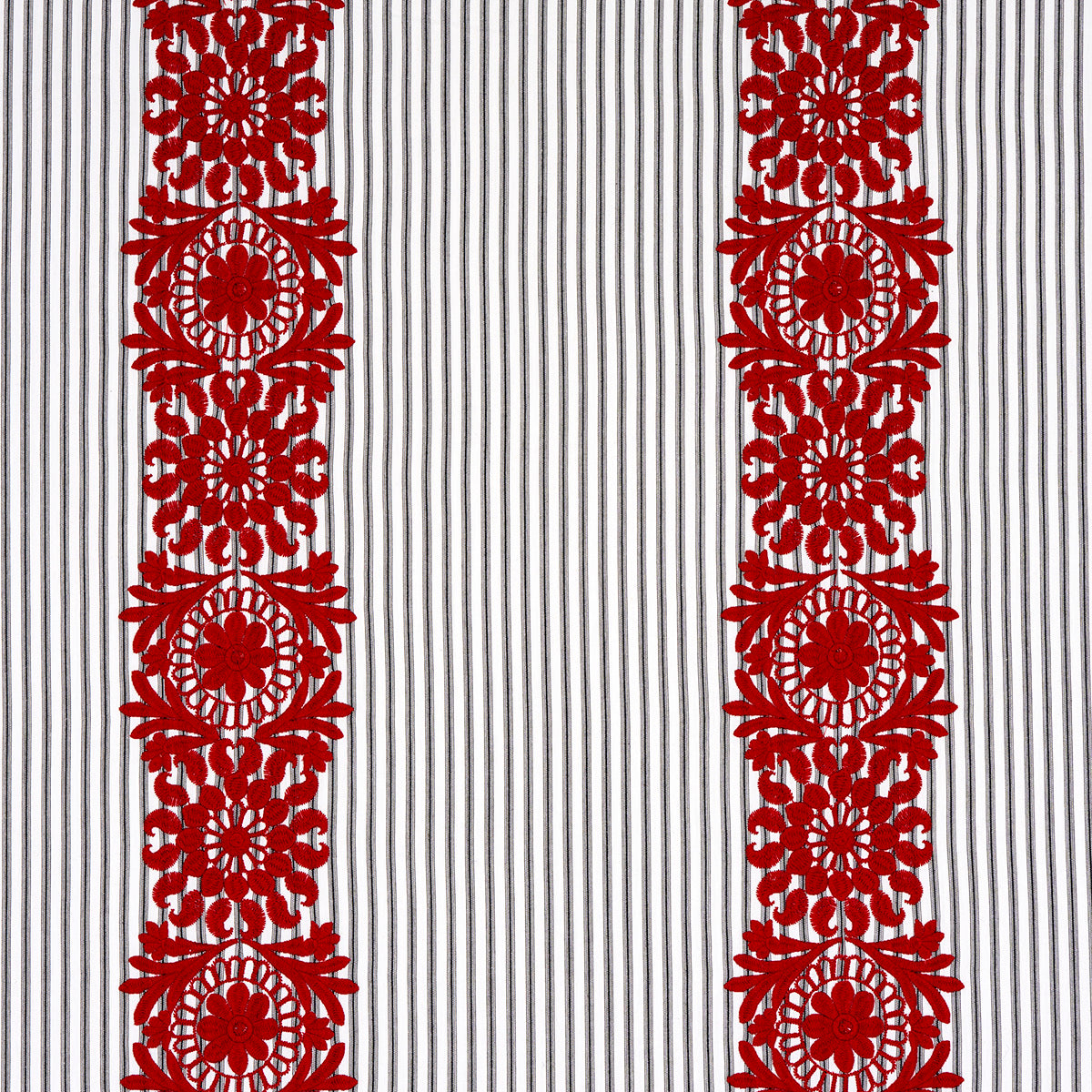 Joelle Stripe fabric in red on black color - pattern number 81542 - by Schumacher in the Uncommon Threads collection