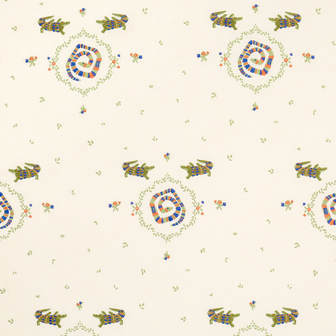 Reptilia Embroidery fabric in bright multi on ivory color - pattern number 84540 - by Schumacher in the Backdrop collection