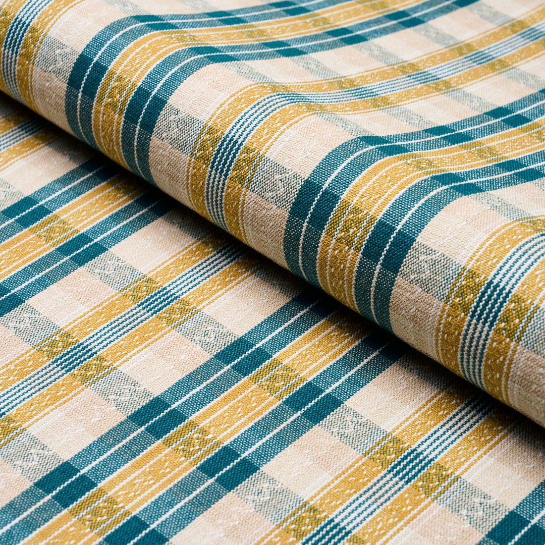 Fonda Hand Woven Plaid fabric in teal and citron color - pattern number 84722 - by Schumacher in the Ashbury collection