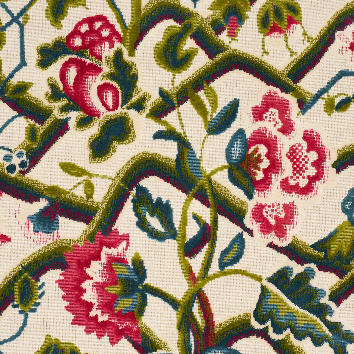 Jacobean Garden Velvet fabric in mulberry &amp; leaf color - pattern number 84820 - by Schumacher in the Cut &amp; Patterned Velvets collection