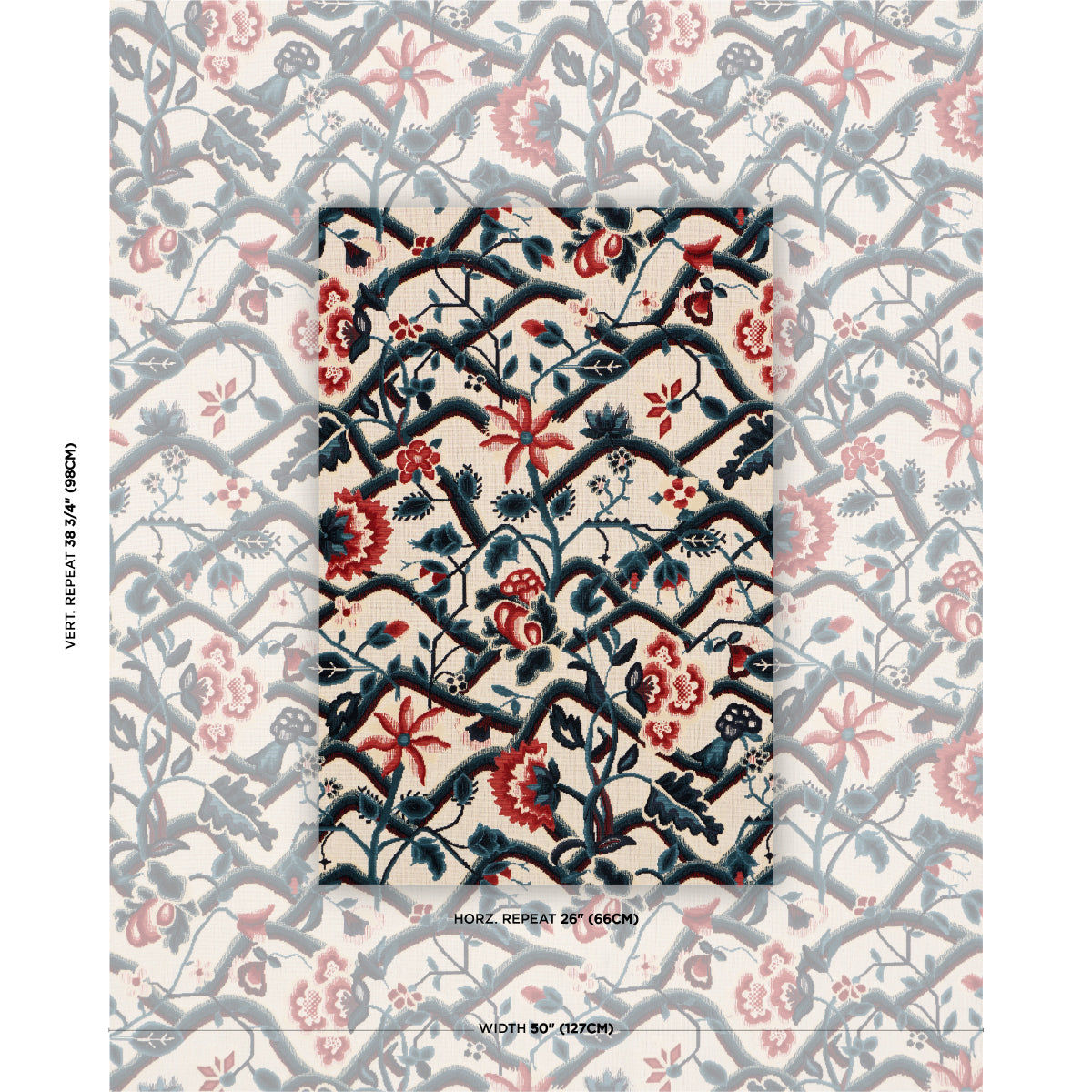 Jacobean Garden Velvet fabric in cinnabar &amp; peacock color - pattern number 84821 - by Schumacher in the Cut &amp; Patterned Velvets collection