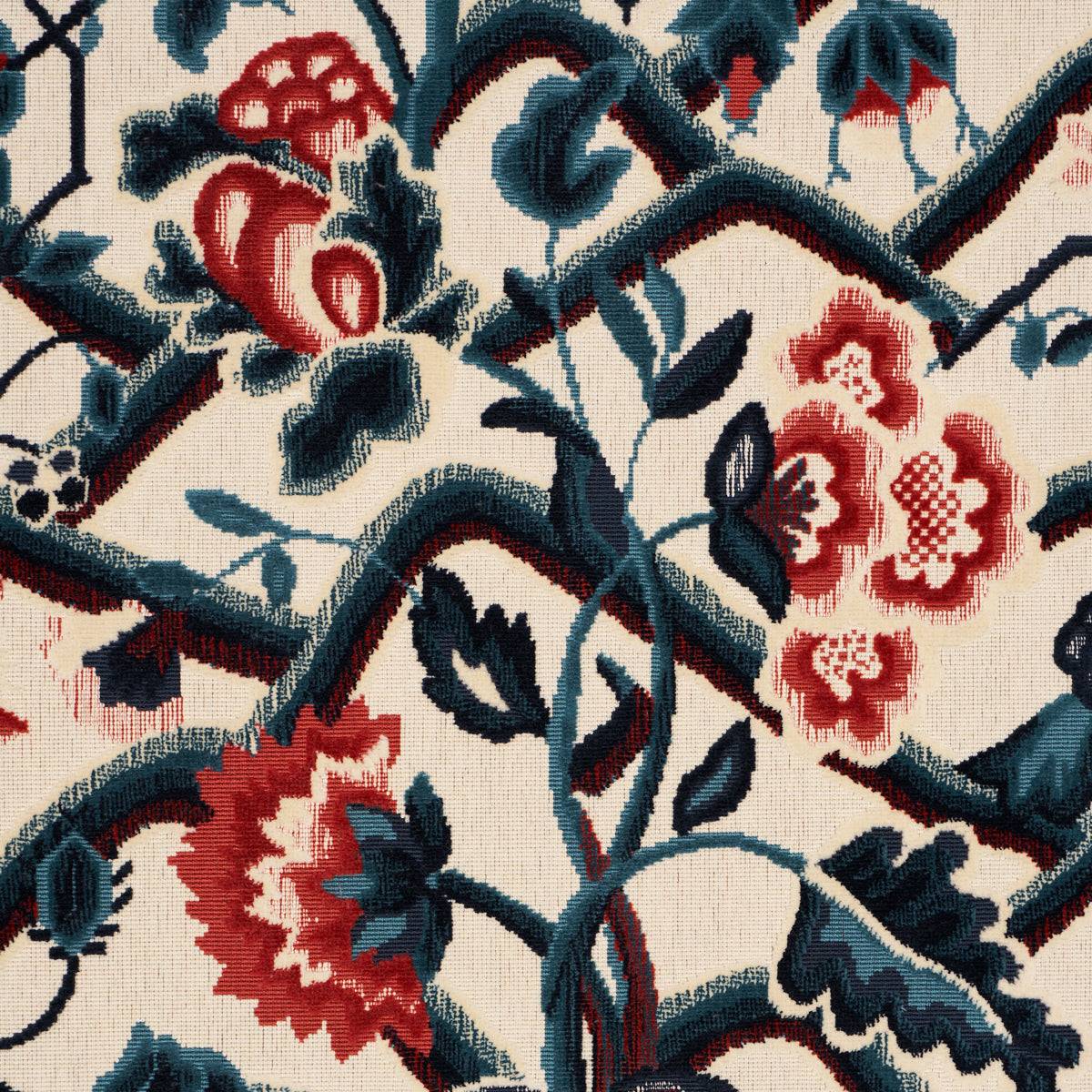 Jacobean Garden Velvet fabric in cinnabar &amp; peacock color - pattern number 84821 - by Schumacher in the Cut &amp; Patterned Velvets collection