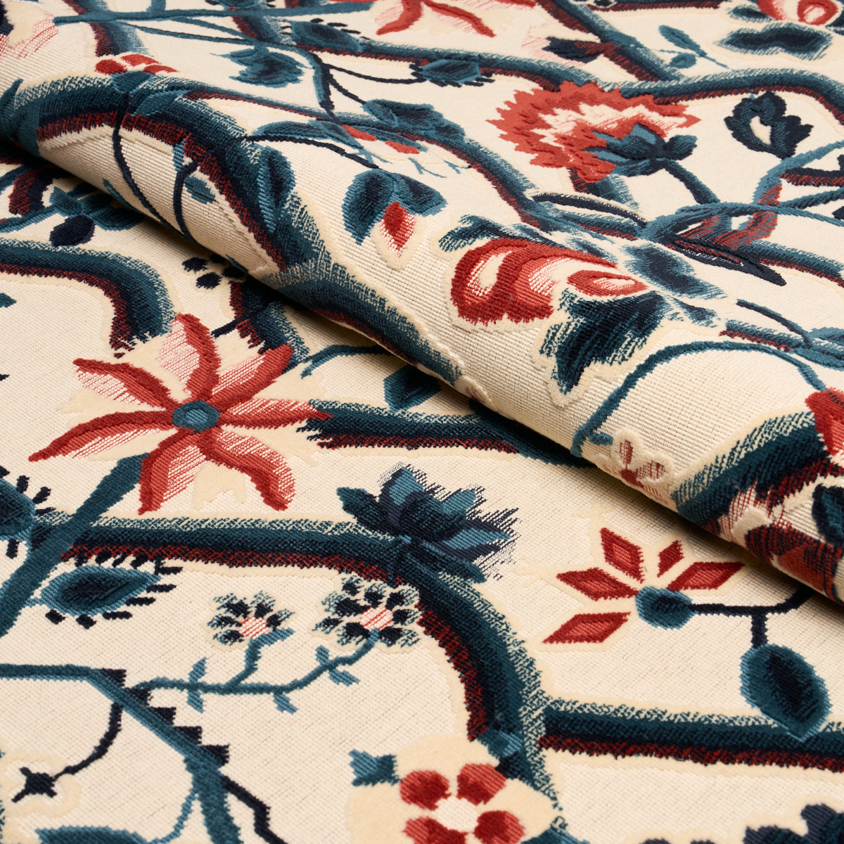 Jacobean Garden Velvet fabric in cinnabar &amp; peacock color - pattern number 84821 - by Schumacher in the Cut &amp; Patterned Velvets collection