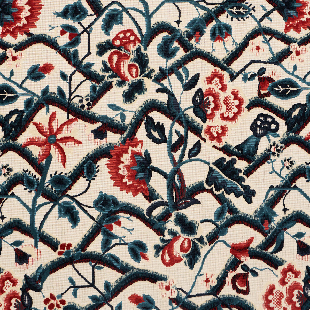 Jacobean Garden Velvet fabric in cinnabar &amp; peacock color - pattern number 84821 - by Schumacher in the Cut &amp; Patterned Velvets collection