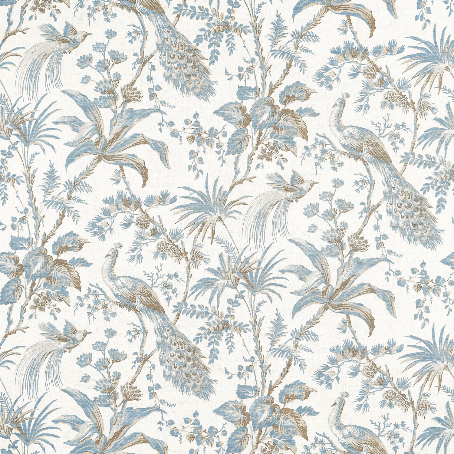Peacock Toile fabric in soft blue and beige color - pattern number AF57828 - by Anna French in the Bristol collection