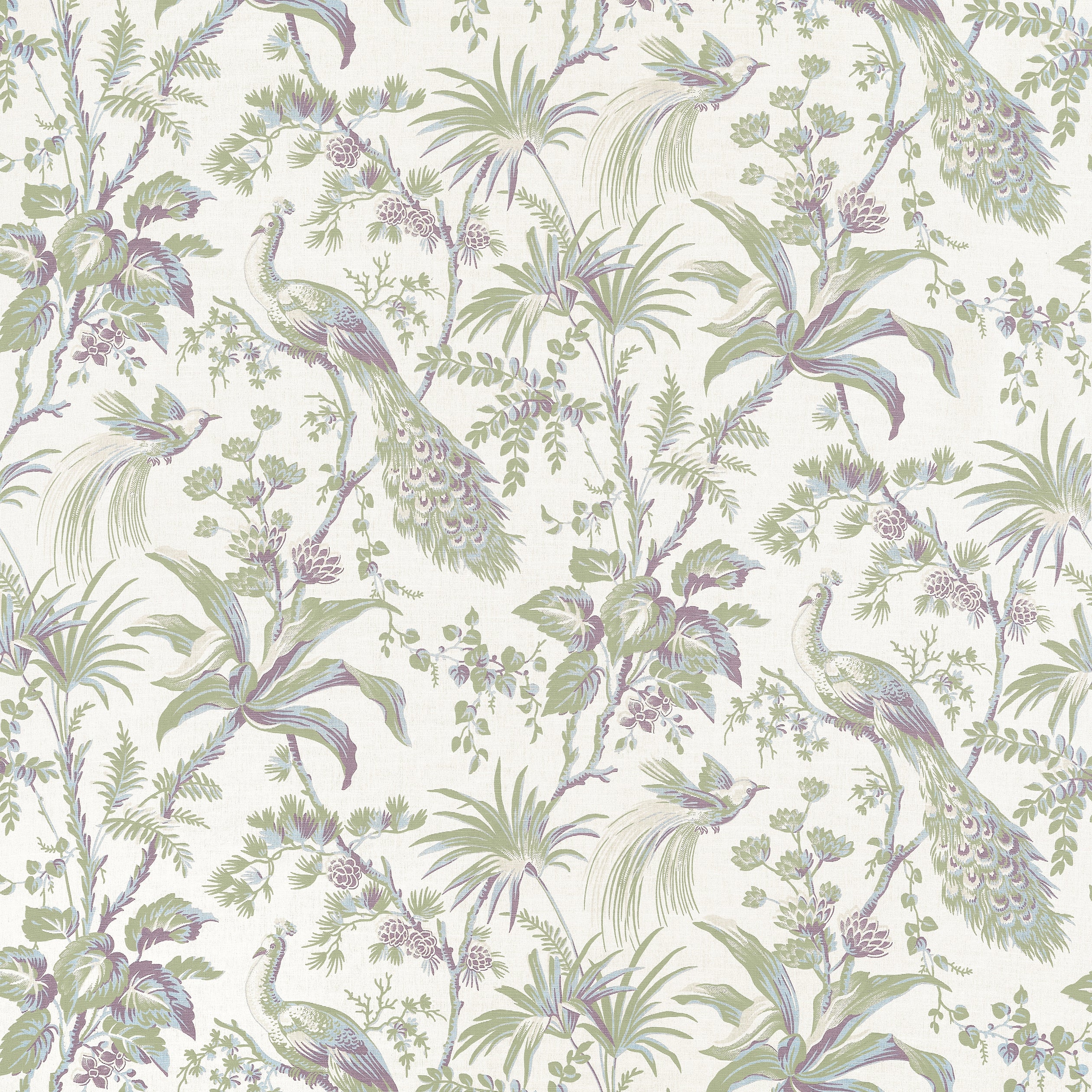 Peacock Toile fabric in green and plum color - pattern number AF57829 - by Anna French in the Bristol collection