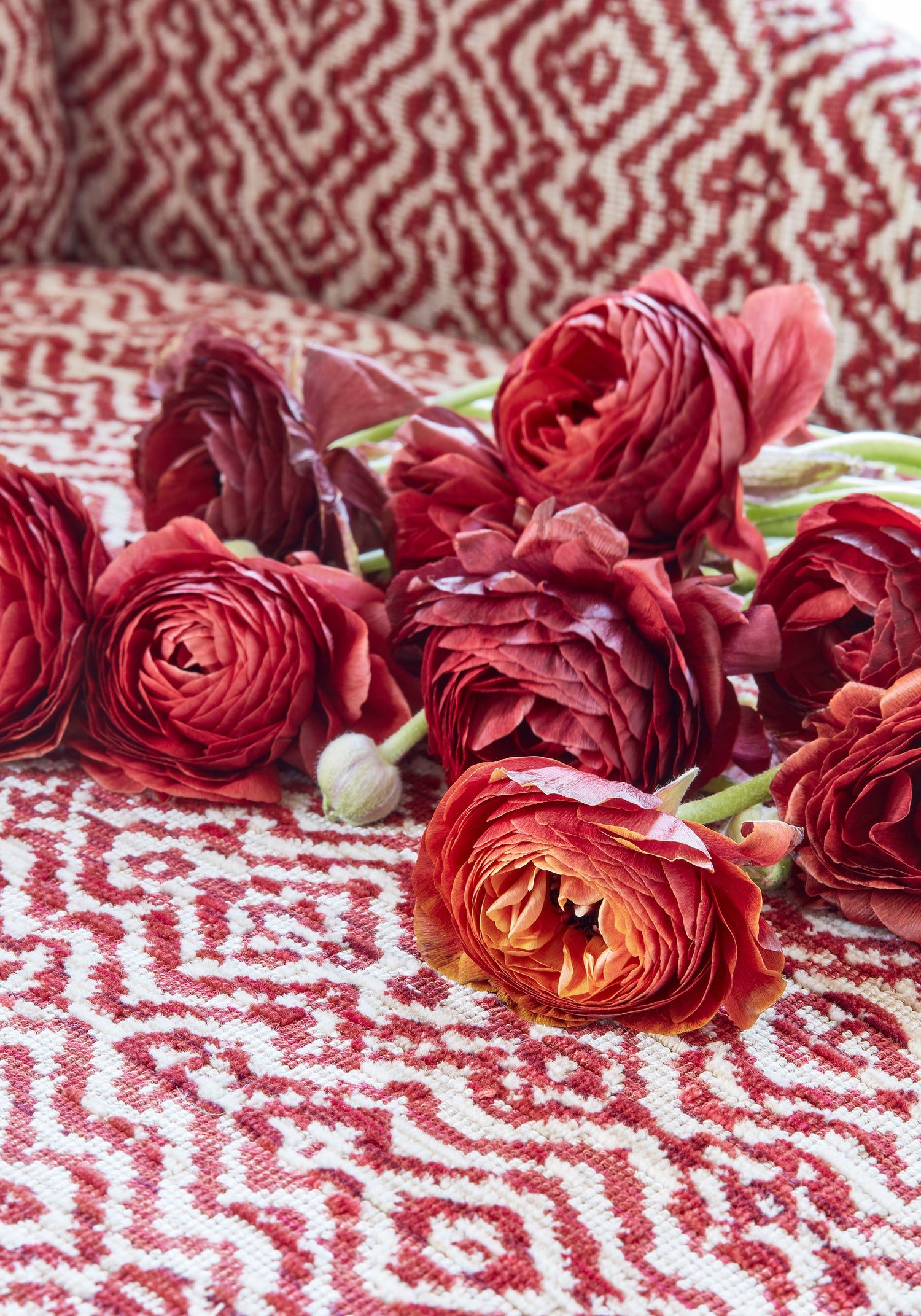 Flowers resting upon cardinal colored Anstasia woven fabric, pattern number W80690, of Thibaut&