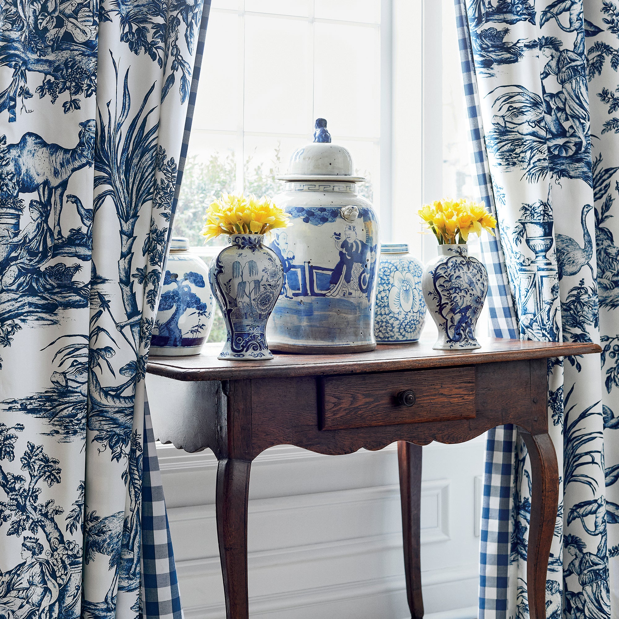 Drapery in Antilles Toile printed fabric in Navy - pattern number AF15171 - by Anna French in the Antilles collection