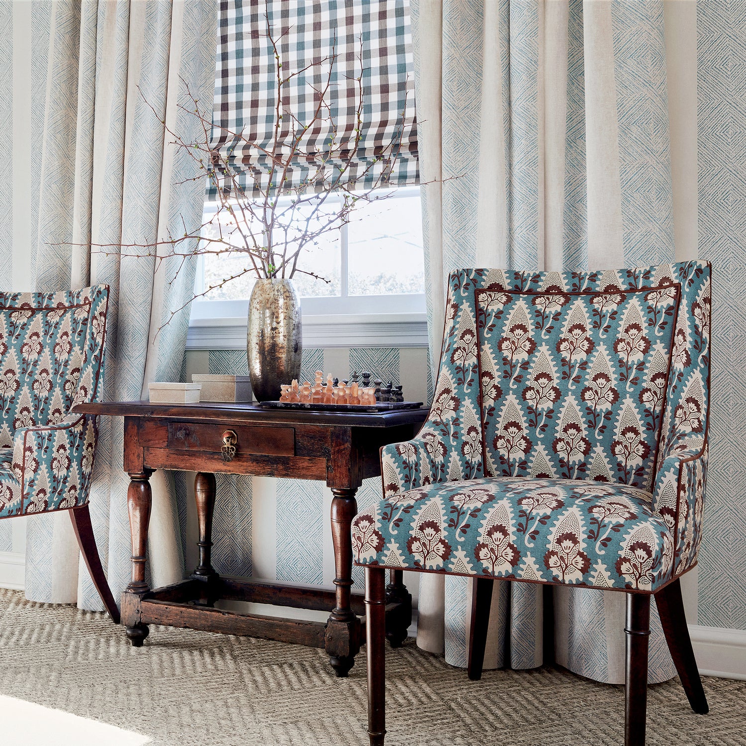 Palisades Dining Chairs in Cornwall printed fabric in Brown and Slate - pattern number AF15122 - by Anna French in the Antilles collection
