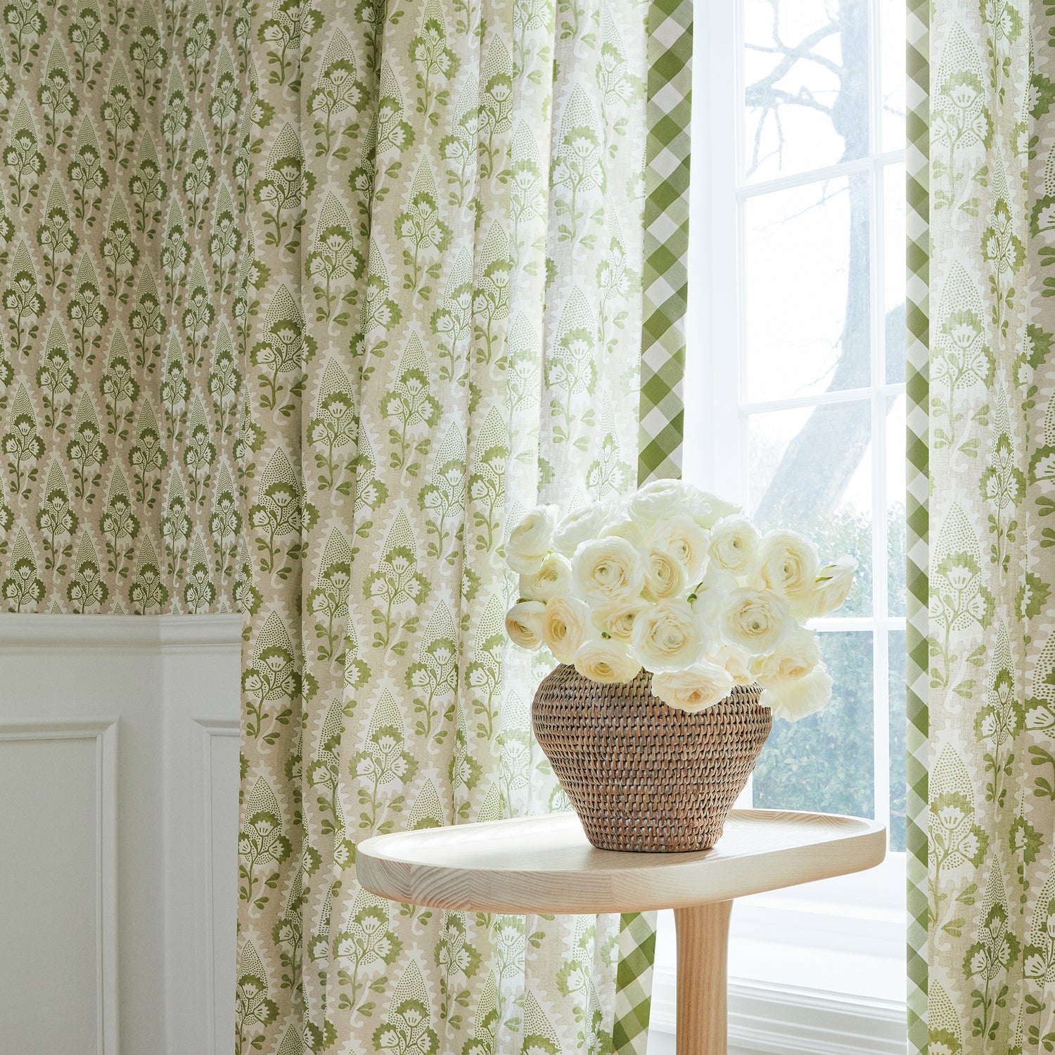 Draperies in Cornwall printed fabric in Green and Beige - pattern number AF15121 - by Anna French in the Antilles collection