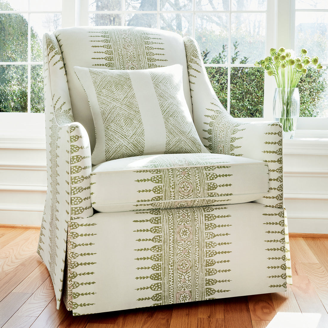 Shelton Wing Chair with Skirt in Javanese Stripe printed fabric in Green and White - pattern number AF15136 - by Anna French in the Antilles collection