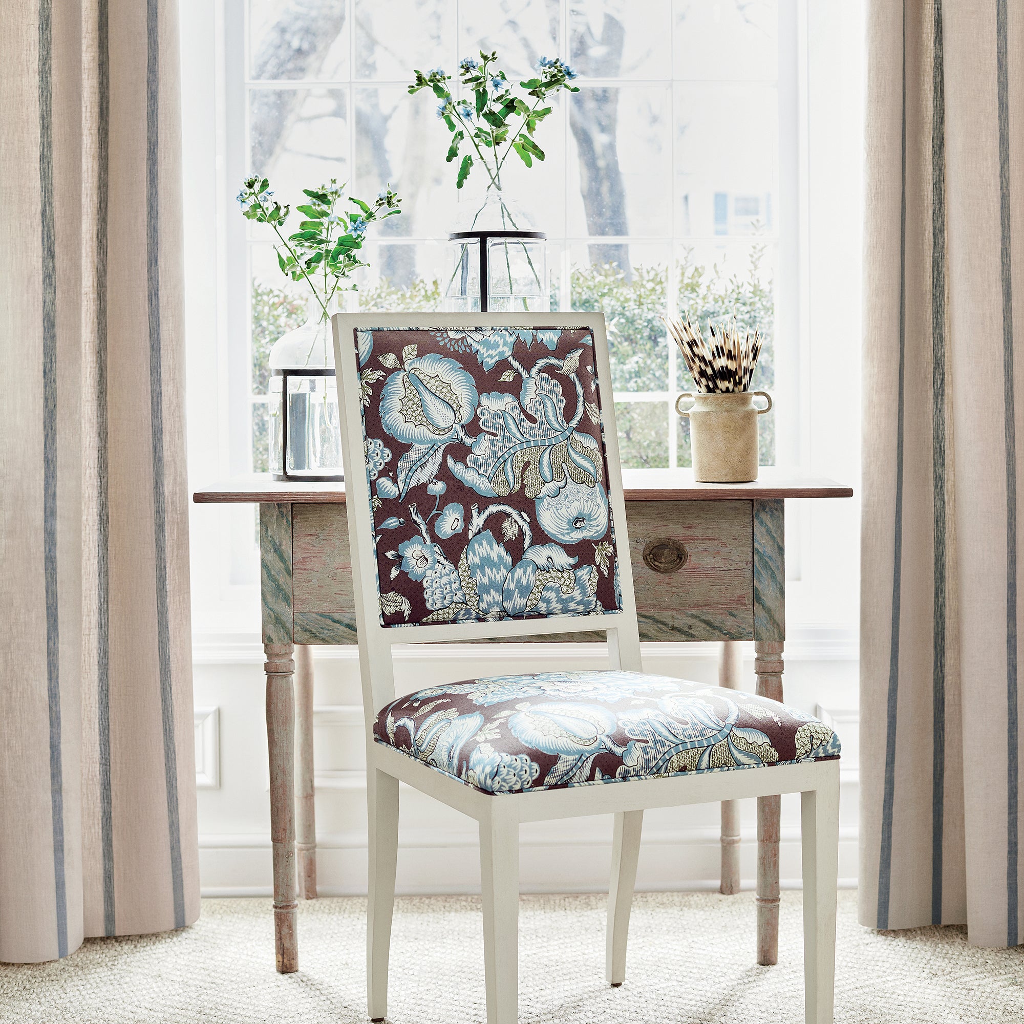 Lauderdale Dining Chair in Westmont printed fabric in brown and slate color - pattern number AF15110 - by Anna French in the Antilles collection