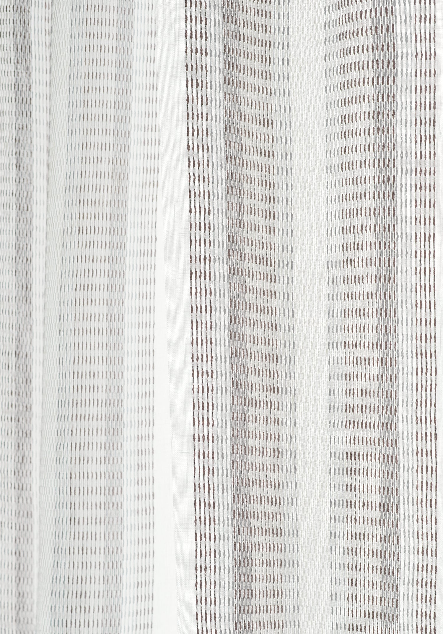 Closeup detail of sheer curtains made from Thibaut Brampton Stripe woven fabric in Smoke color pattern FWW7163