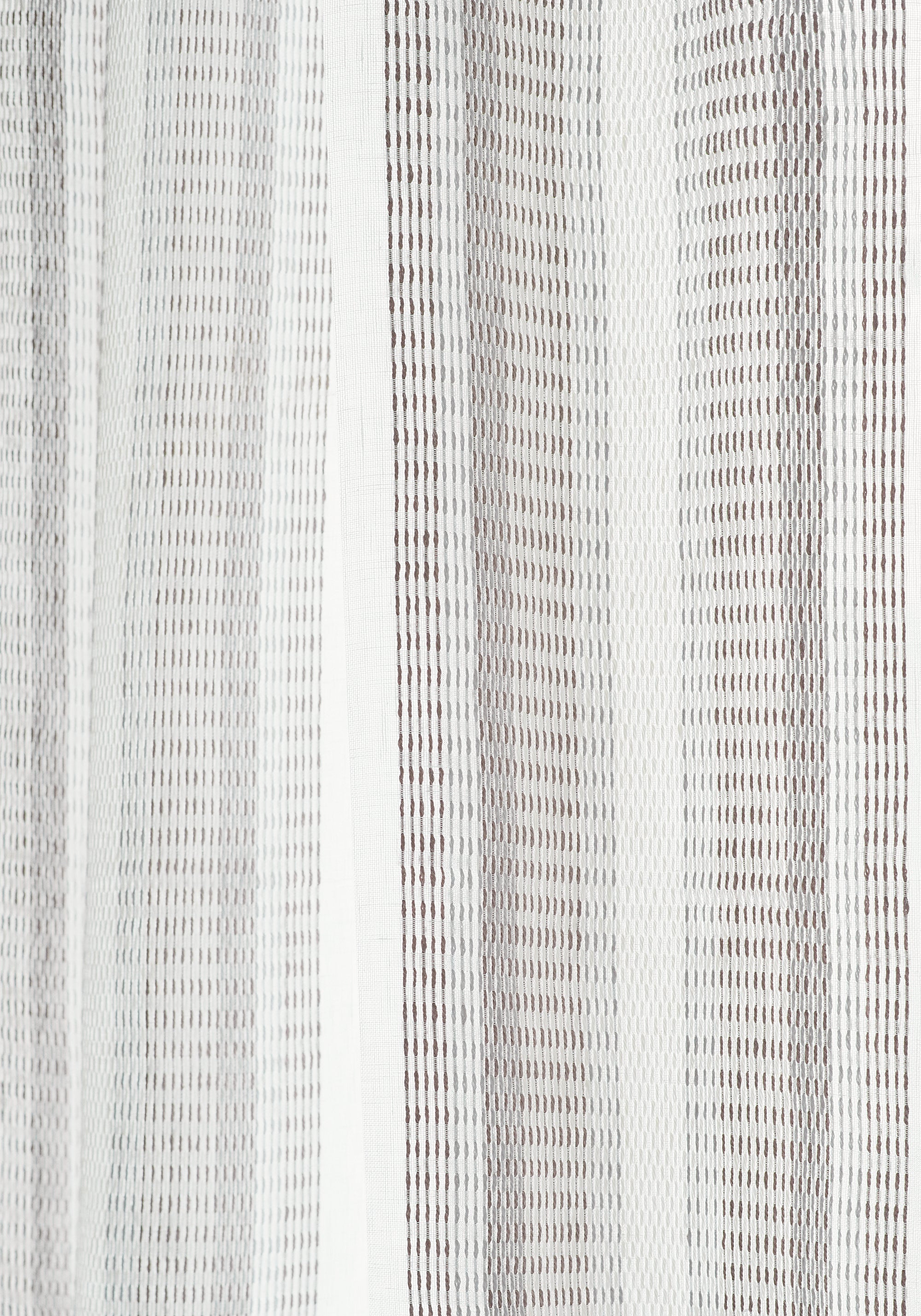 Closeup detail of sheer curtains made from Thibaut Brampton Stripe woven fabric in Smoke color pattern FWW7163