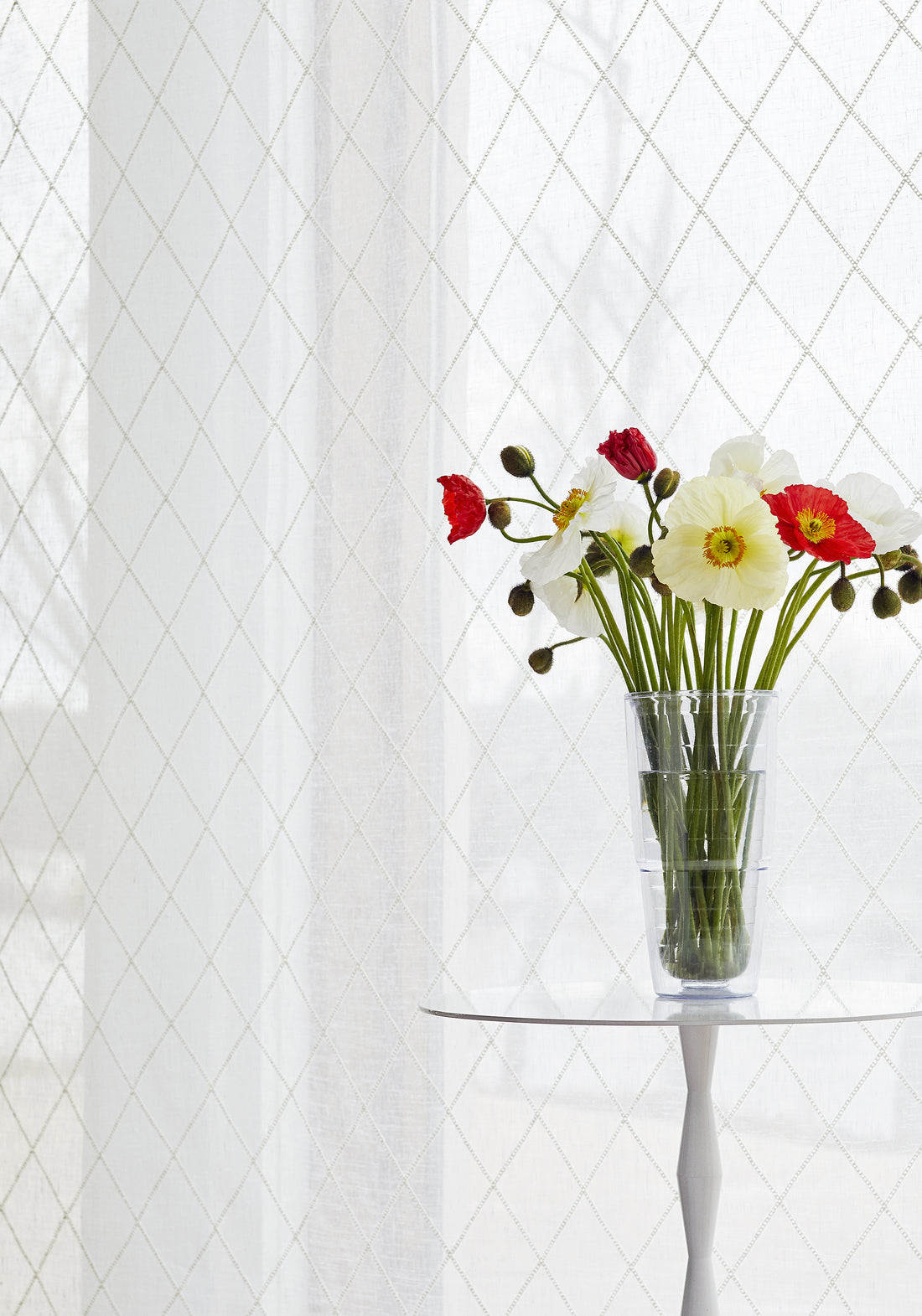 Sheer drapery made with Thibaut kipton Trellis woven fabric in Snow White color pattern FWW7104
