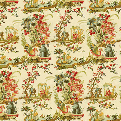 Le Lac Linen Print fabric in teal and melon on cream color - pattern BR-71163.A.0 - by Brunschwig &amp; Fils