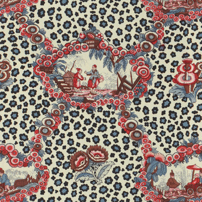 Chinese Leopard Toile fabric in shades of red &amp; blue color - pattern BR-79227.01.0 - by Brunschwig &amp; Fils