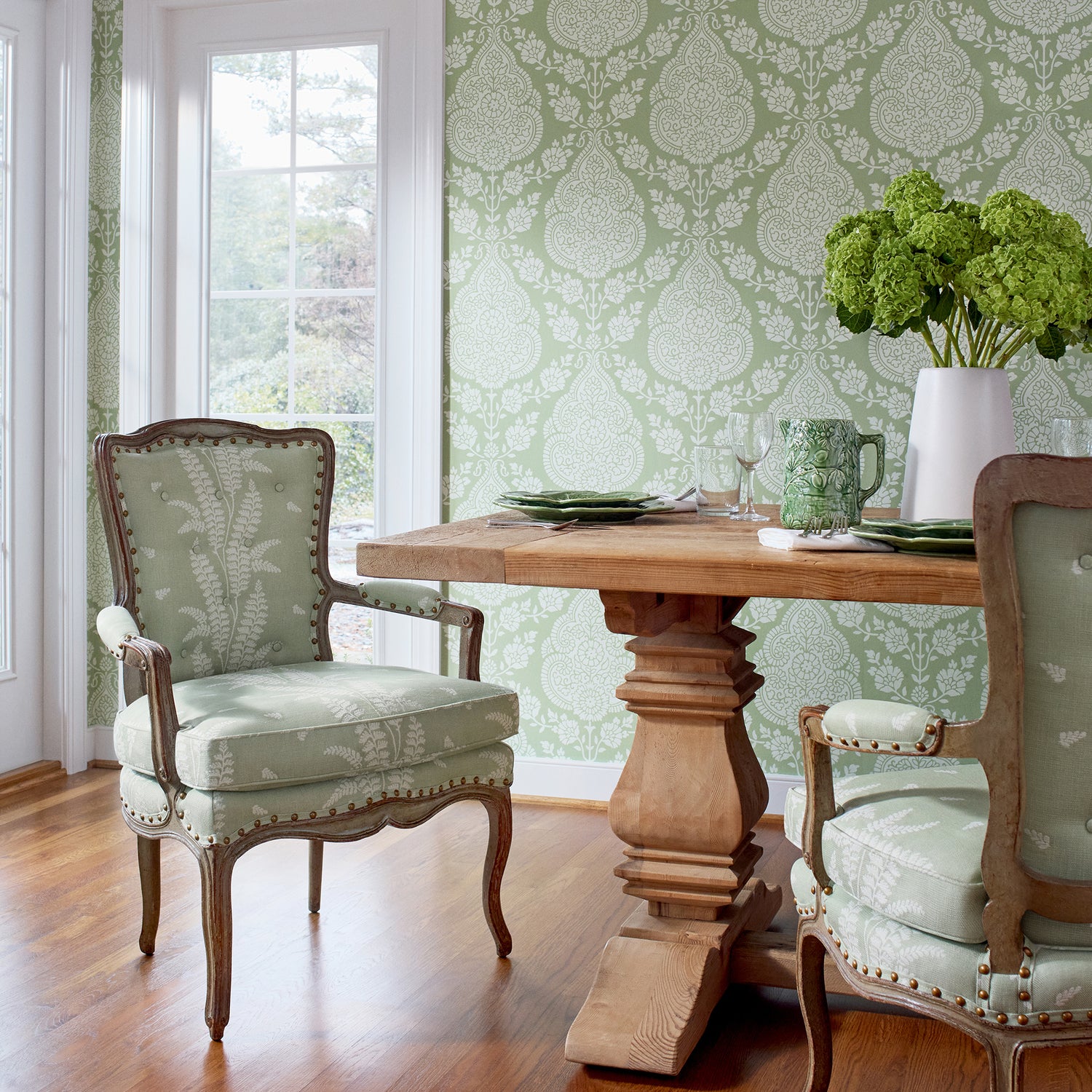 Chair in Ensbury Fern woven fabric in green color - pattern number AW57826 by Anna French in the Bristol collection