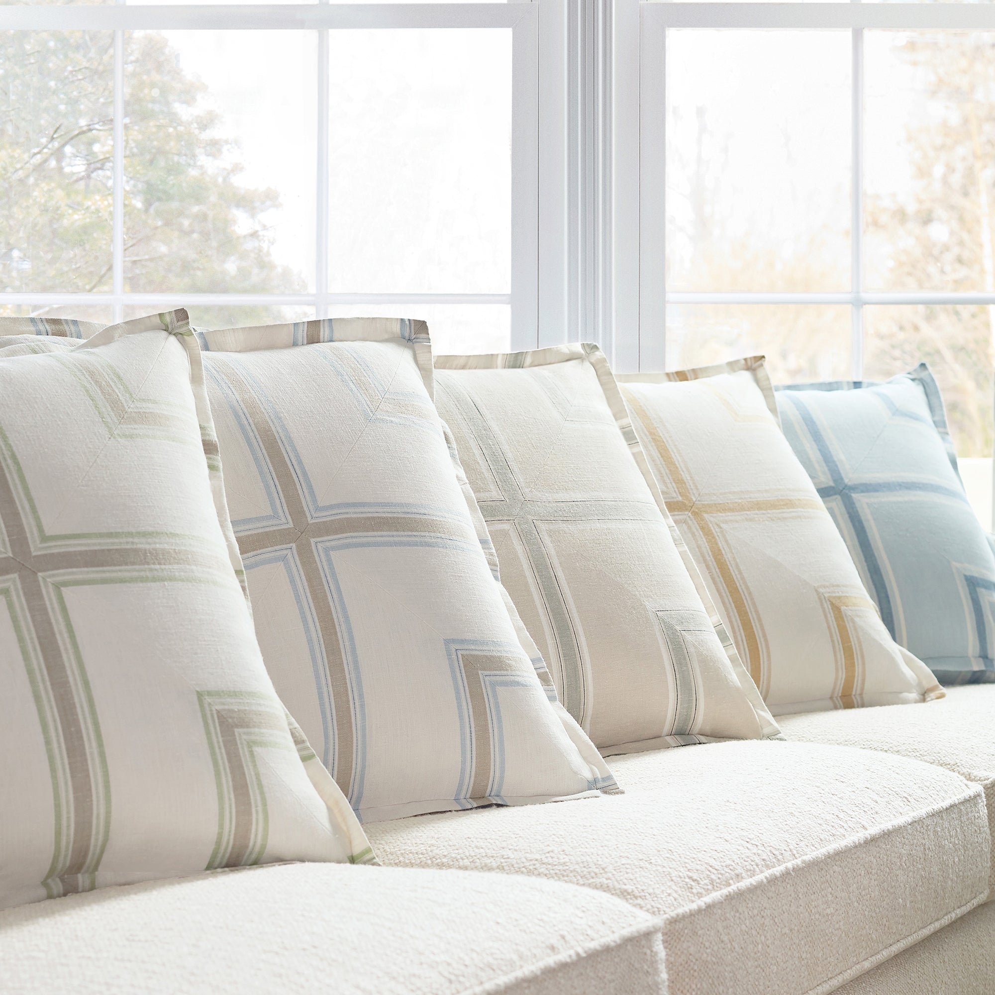 Collection of pillow fabrics in Beckley Stripe woven fabric featuring sky color fabric - pattern number AW57823 - by Anna French in the Bristol collection