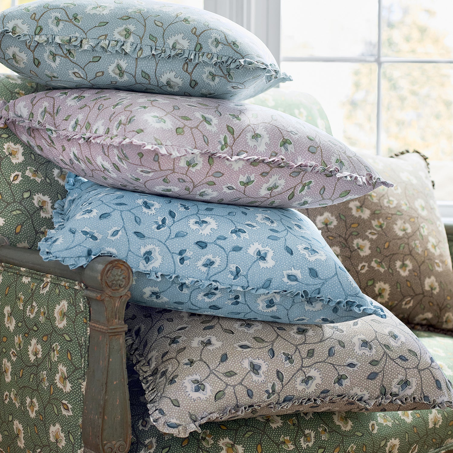 Collection of Settee and pillow fabrics in Chelsea printed fabric featuring blue color fabric - pattern number AF57841 - by Anna French in the Bristol collection