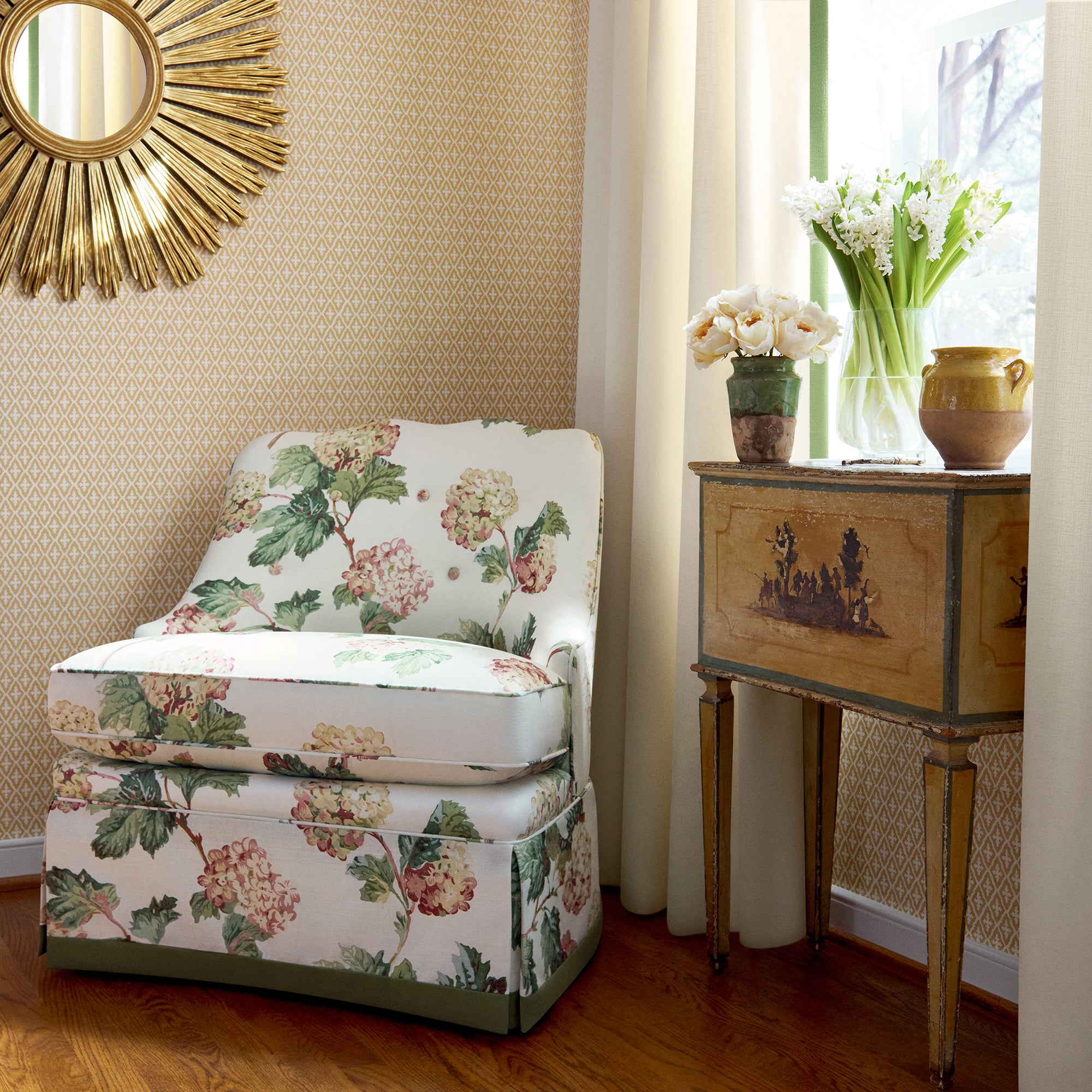 Brentwood Chair with Skirt in Sussex Hydrangea printed fabric in soft gold color - pattern number AF57848 by Anna French in the Bristol collection