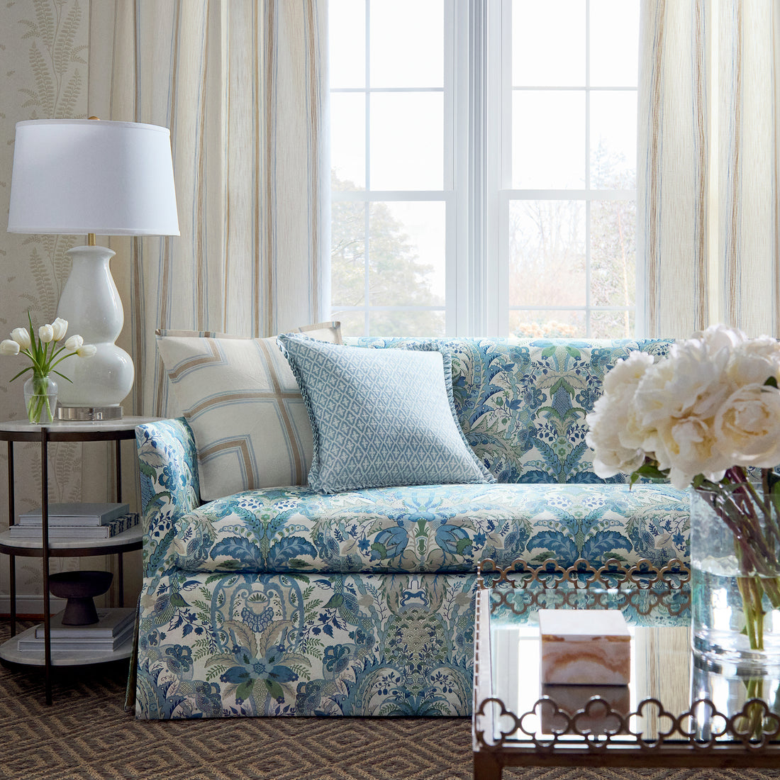 Addison Sofa with Skirt in Narbeth printed fabric in blue and green color - pattern number AF57858 by Anna French in the Bristol collection