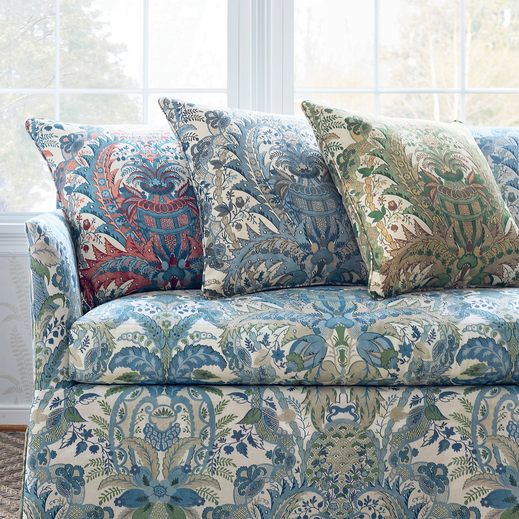 Collection of addison sofa with skirt and pillow fabrics in Narbeth printed fabric featuring blue and green color fabric - pattern number AF57858 - by Anna French in the Bristol collection
