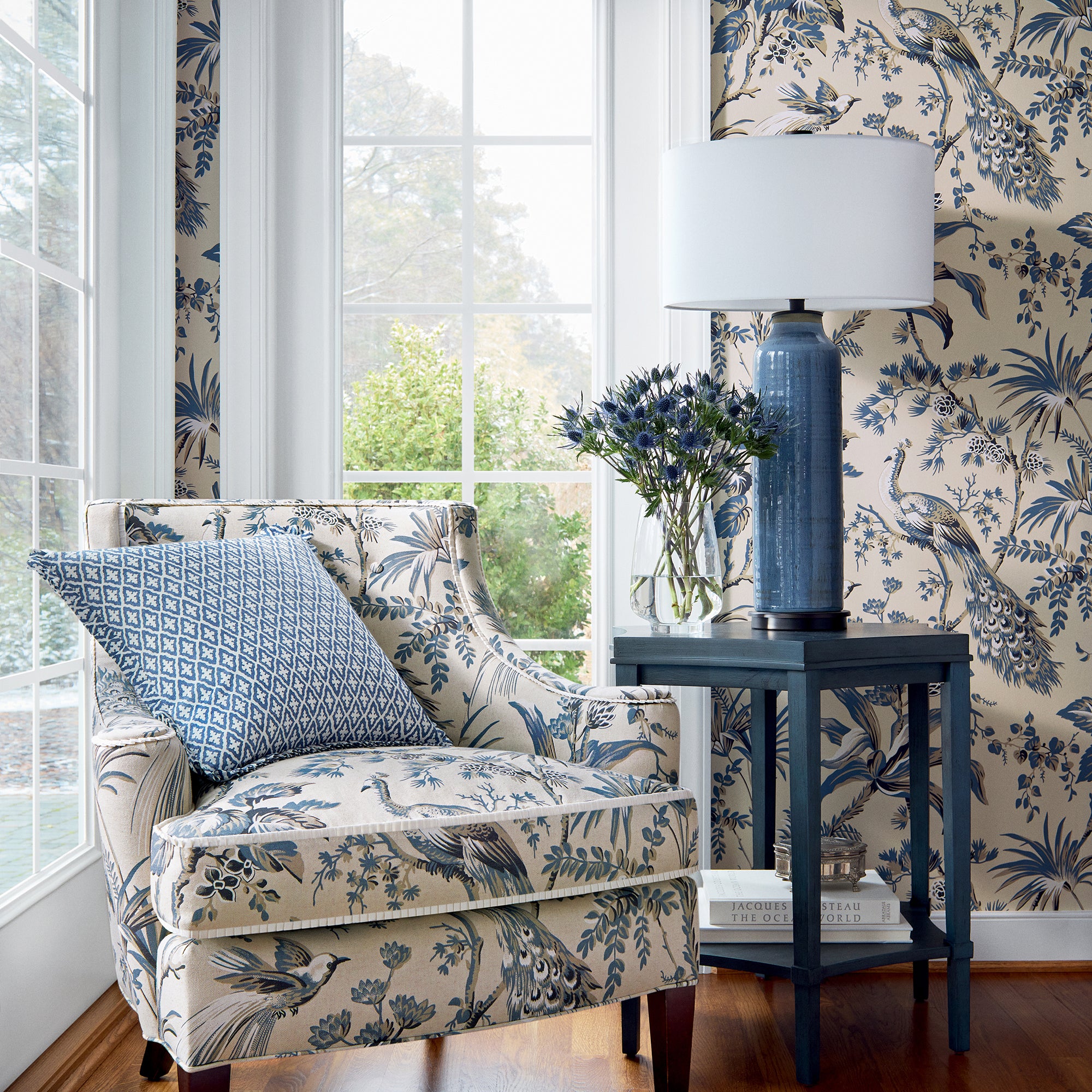 Emerson Chair in Peacock Toile printed fabric in slate and black color - pattern number AF57833 by Anna French in the Bristol collection