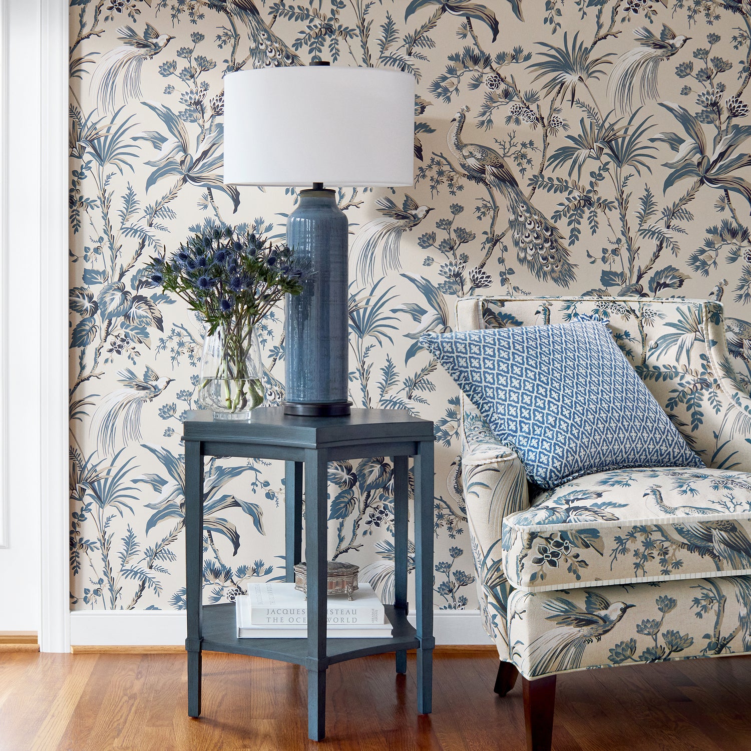 Detailed view of Emerson Chair in Peacock Toile printed fabric in slate and black color variant by Anna French in the Bristol collection - pattern number AF57833