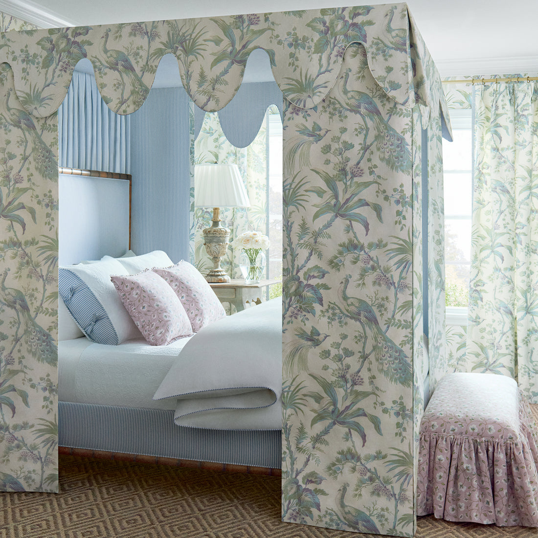 Draperies and bed canopy in Peacock toile printed fabric in green and plum color - pattern number AF57829 by Anna French in the Bristol collection