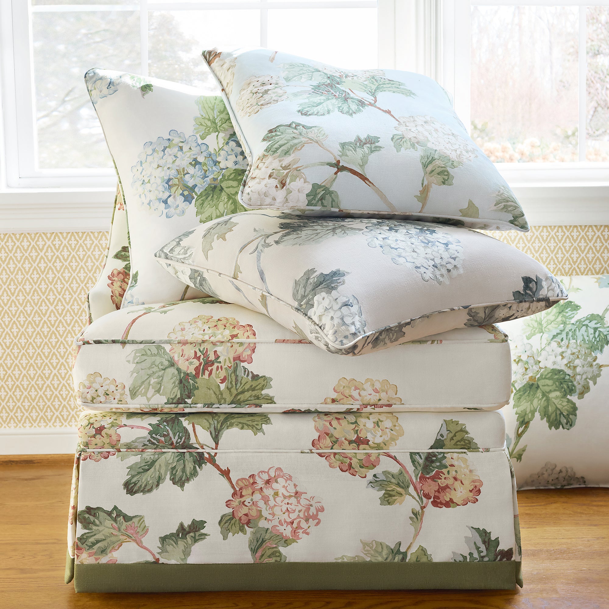 Collection of brentwood chair with skirt and pillow fabrics in Sussex Hydrangea printed fabric featuring blue and green color fabric - pattern number AF57846 - by Anna French in the Bristol collection