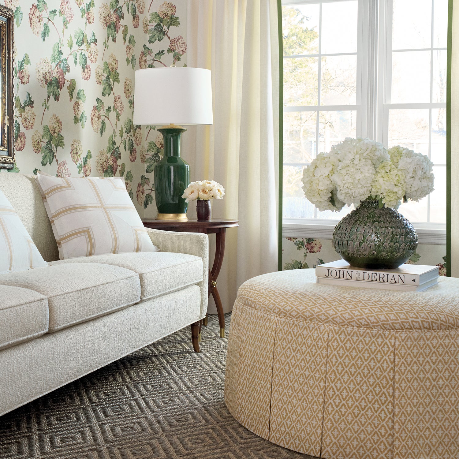 Wyndham Ottoman in Lindsey printed fabric in soft gold color - pattern number AF57812 by Anna French in the Bristol collection
