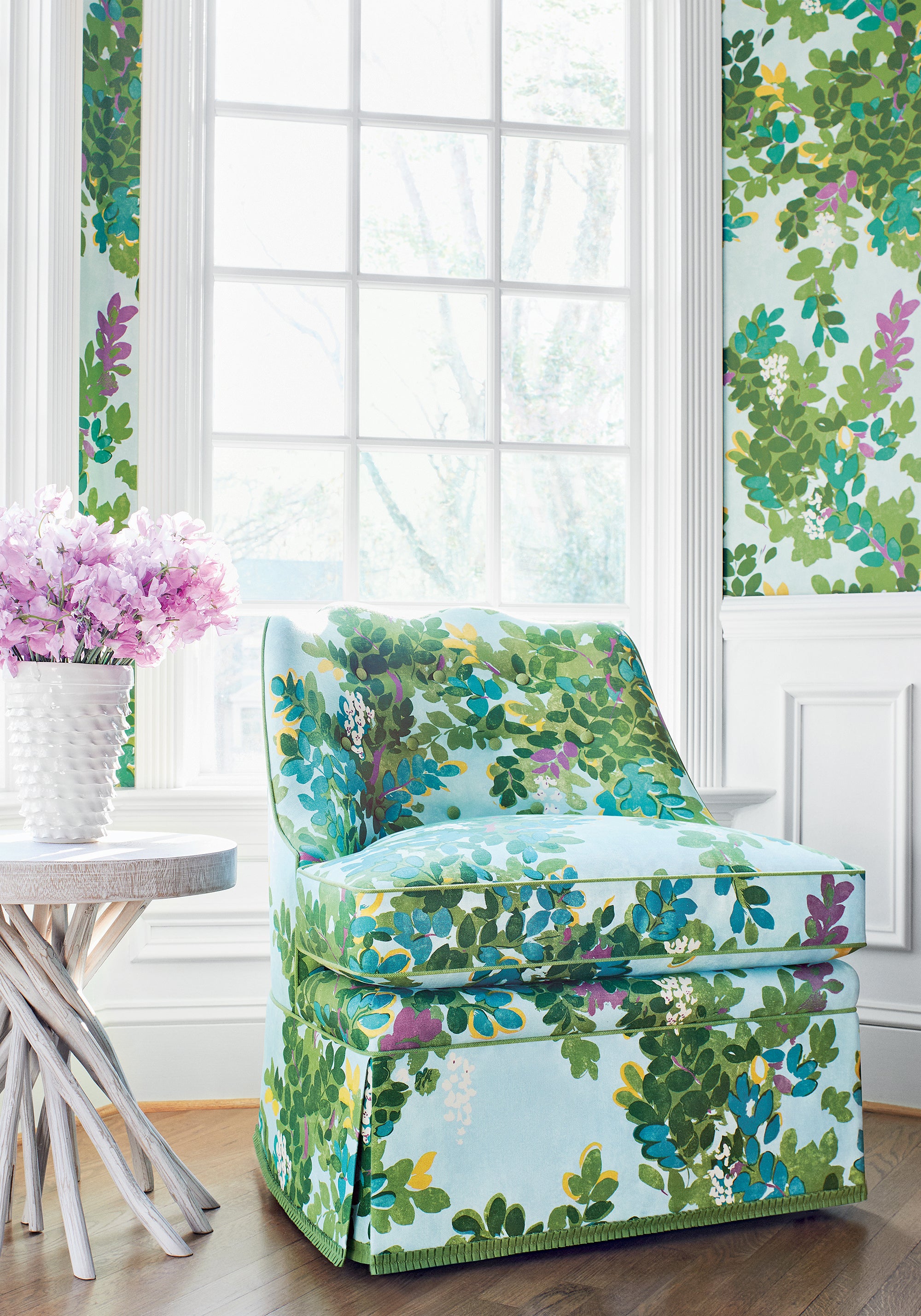 Brentwood Chair upholstered in Thibaut Central Park printed fabric in Sky Blue color - pattern F914334