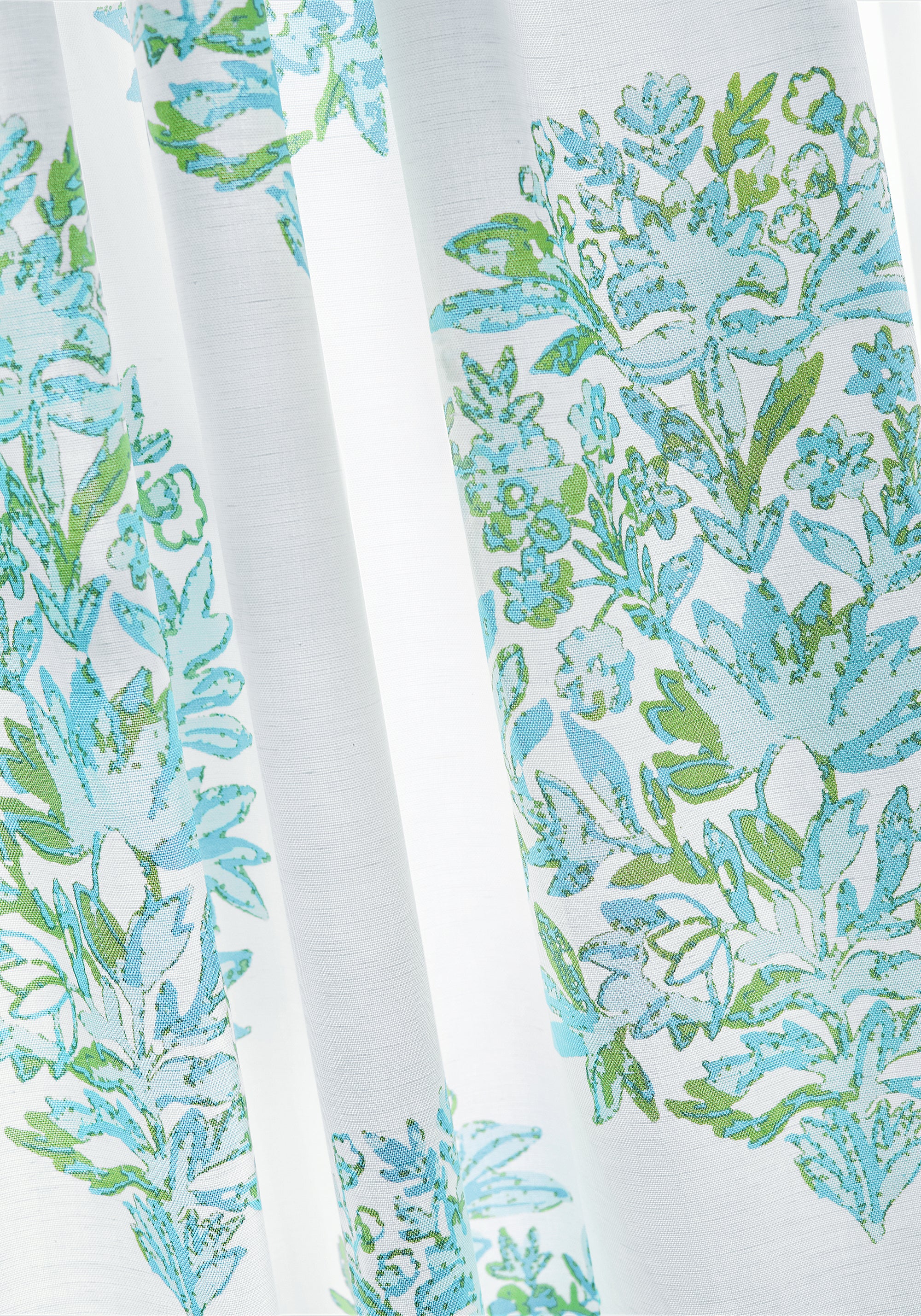 Detail of curtains made from Thibaut Ridgefield fabric in green and spa blue color - pattern F914323