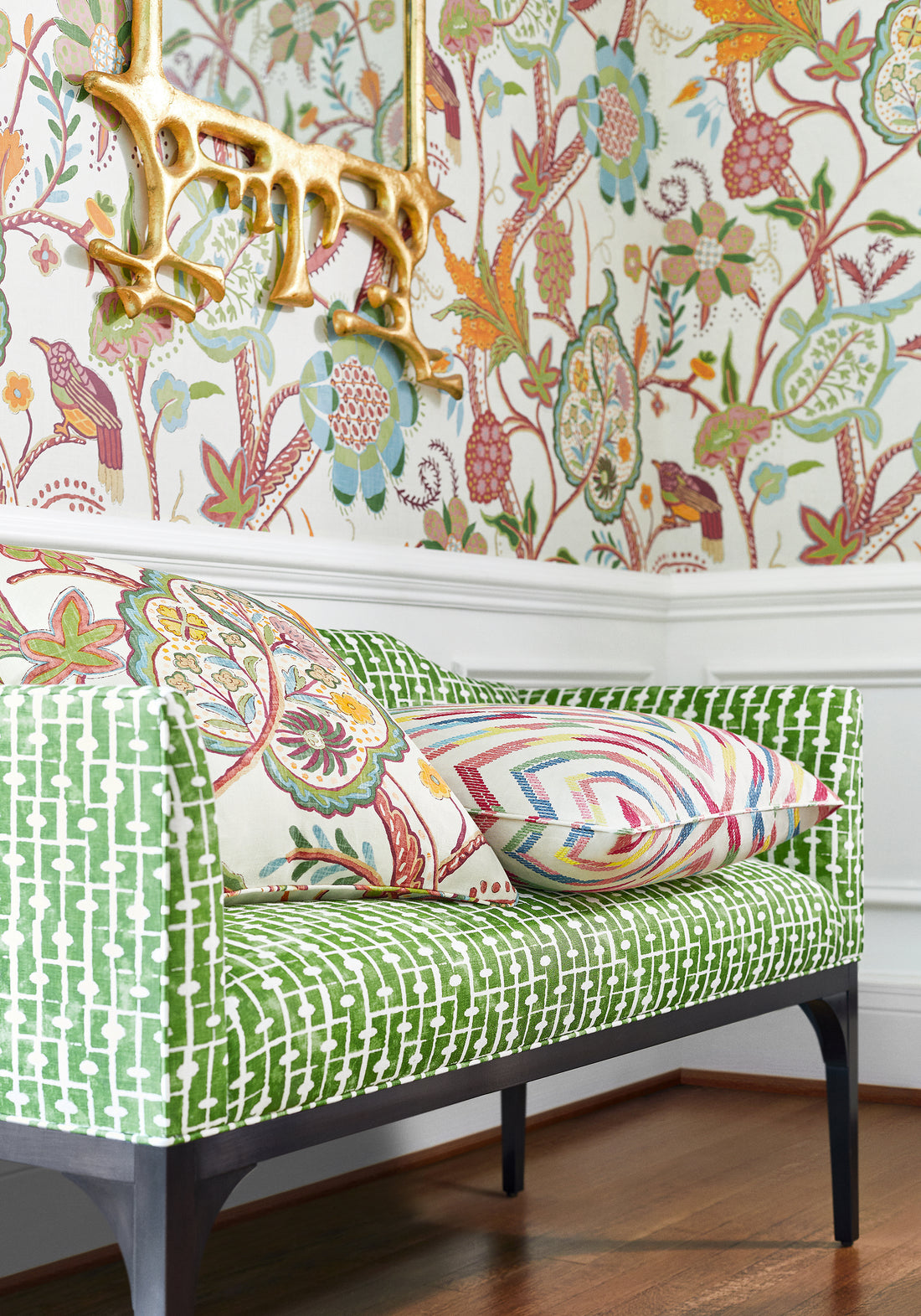 Dorset Bench upholstered in Thibaut Haven printed fabric in Green color - pattern number F914309